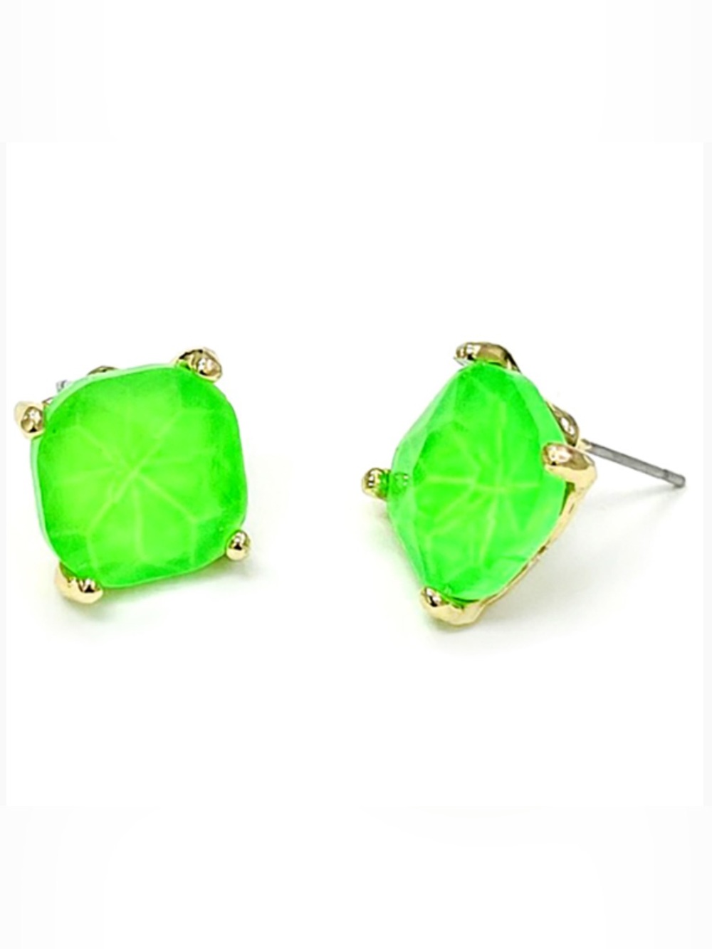 Neon Green 12mm Square Glass Bead Stud Gold Earrings